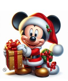 a cartoon mickey mouse holding a christmas present