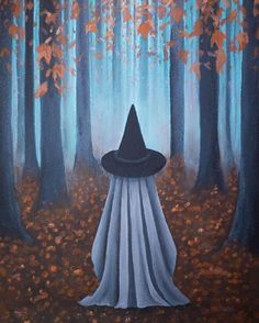 a painting of a wizard's hat in the middle of a forest filled with leaves