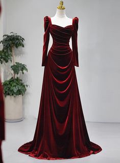 Elegant Dresses Long Sleeve, डिजाइनर कपड़े, Formal Wedding Party, Hot Prom Dress, Winter Wedding Guest Dress, Elegant Wine, Velvet Prom Dress, Floor Length Prom Dresses, Long Sleeve Dress Formal