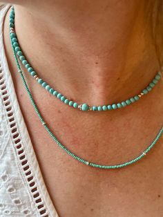 Tiny Turquoise Beaded Necklace Turquoise and Sterling Silver - Etsy Turquoise Seed Bead Necklace, Turquoise Jewelry Gold, Turquoise Beaded Necklace, Eco Jewelry, Gemstone Choker, Beach Necklace, Beach Necklaces, Turquoise Bead Necklaces, Necklace Turquoise