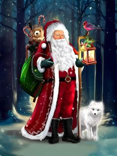 a painting of santa claus holding a lantern in the woods with his dog and cat