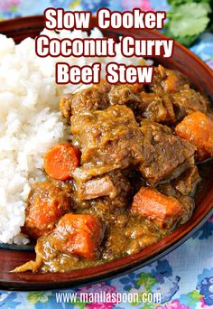 slow cooker coconut curry beef stew on a plate with rice