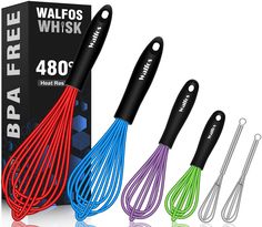 four different colors of whisk in front of a box