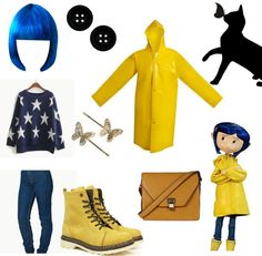 an assortment of clothing and accessories including a yellow raincoat, blue hair, black cat, brown purse