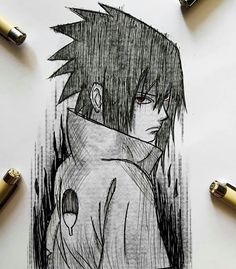 a drawing of an anime character with red eyes and black hair, sitting next to some pens