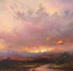 an oil painting of a sunset over a lake with mountains and clouds in the background