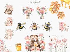 watercolor bee clipart set with flowers and honey jars