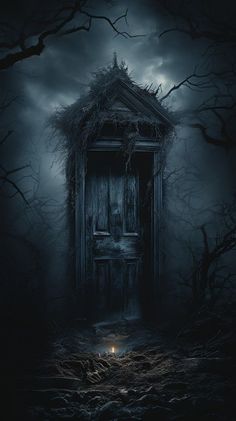 an old door in the middle of a dark forest with spooky branches on it