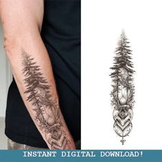 an image of a man's arm with pine trees on it and the words instant digital