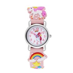 a pink children's watch with unicorns and rainbows on the dial face