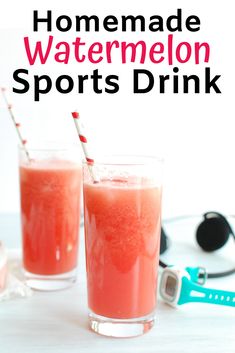 two glasses filled with watermelon sports drink