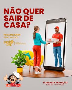 a man and woman standing in front of a giant cell phone with the caption nao quer de casa?