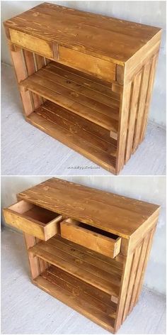 two different views of a wooden table with drawers