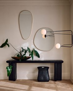 a table with two mirrors and some plants on it in front of a wall mounted mirror