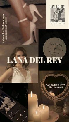 a collage of photos with candles and pictures on them that say lana del ray