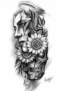 a skull with sunflowers on it's face is shown in black and white