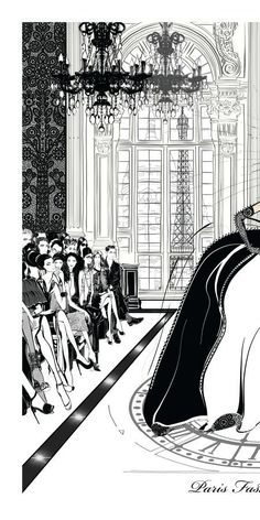 a black and white drawing of a fashion show