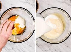 two images showing how to make an orange smoothie in a blender and then adding the cream