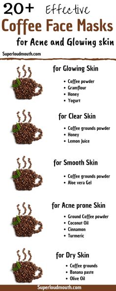 Diy coffee face mask recipes for glowing skin, acne, anti-aging and many more with natural and homemade organic ingredients. #benefits #coffeefacemask Diy Coffee Face Mask, Penjagaan Kulit Korea, Recipes For Glowing Skin, Face Mask For Acne, Mask For Acne, Coffee Mask, Mask Recipes, Coffee Face Mask