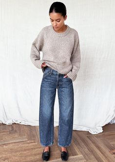 Material 70% baby alpaca / 7% merino wool / 23% recycled polyamide Size & fit Relaxed fit — true to size Care Hand wash Origin Made in Peru Jean Pants Style, Wide Leg Crop With Boots, Barrel Leg Jeans Street Style, Wide Leg Jeans And Sweater, How To Wear Barrel Jeans, Balloon Jeans Outfit Winter, Soft Minimalism Fashion, Barrel Jeans Street Style, Swedish Style Fashion