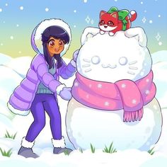 a girl building a snowman with a cat on top