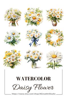 the watercolor daisy flower collection is shown in white and yellow colors, including daisies