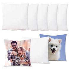 four pillows with two pictures of a man and a dog on them, one is white the other is blue