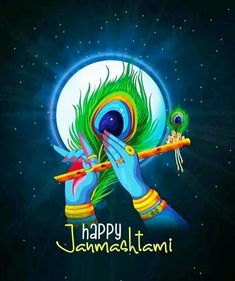 happy janmash greeting card with peacock and flute on dark blue background for hindu festival