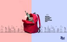 a red backpack with an image of the statue of liberty in it and text that reads always carry your belongings with you