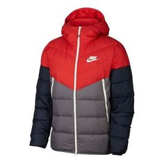 Nike Sportswear Windrunner Down Fill 'Black Red Blue' 928834-634 (Men's) Breathable Casual Sports Outerwear, Red Athleisure Activewear For Outdoor Activities, Sporty Breathable Winter Outerwear, Casual Red Activewear For Sports, Functional Winter Streetwear Activewear, Sporty Nylon Outerwear For Running, Red Nike Running Activewear, Red Nike Activewear For Running, Nike Casual Activewear For Outdoor Activities