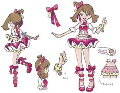 some cartoon characters with different outfits and hair styles, one girl is holding a toy