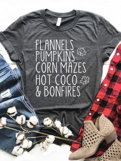 Flannels and Fall Graphic Tee | sassyshortcake.com | Sassy Shortcake Boutique Groceries List, Sassy Shortcake, Fall Tee Shirts, Christmas Tee Shirts, Watch Christmas Movies, Cold Fits, Christmas T Shirt Design