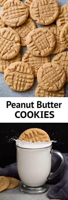 peanut butter cookies in a mug with milk being poured on top