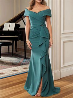 Fast Shipping & Free Custom & Big Discount
70+ Colors & Size 2-28W Available
Fabric: Elastic Satin
Silhouette: Sheath/Column
Neckline:	Off-the-Shoulder
Hemline/Train:	Floor-Length
Embellishment: Split Side, Ruffles
Sleeve: Sleeveless
Shown Color: Aqua Blue Drape Gowns, Plus Size Party Dresses, Plus Size Formal Dresses, Mermaid Skirt, Groom Dress, Bride Dresses, Mother Of The Bride Dresses, Dream Dress