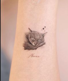 a cat with its eyes closed laying down on the side of a woman's arm