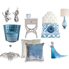 the frozen princess bedroom is decorated in blue and white with accessories including a chair, bed,