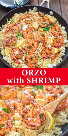 shrimp and pasta in a skillet with lemon wedges