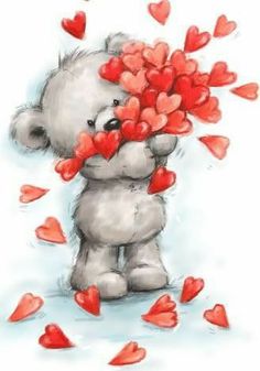 a drawing of a teddy bear with hearts coming out of its mouth and holding it in the air