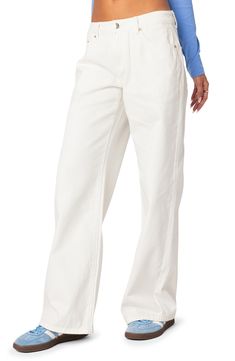 Low-slung jeans cut from nonstretch denim in a classic white wash are crafted with wide-legs and puddling cuffs. 100% cotton Machine wash, dry flat Imported Wide Leg, Low Rise Wide Leg Jeans, Loose Fit Jeans, Loose Jeans, Mid Rise Jeans, Wide Legs, White Wash, Classic White, Wide Leg Jeans