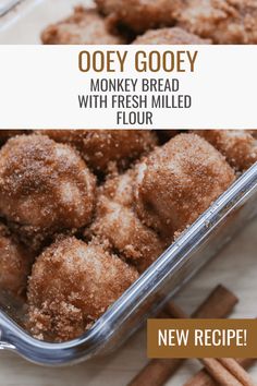 monkey bread with fresh milled flour in a plastic container and cinnamon sticks on the side