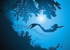 the silhouette of a woman swimming under water