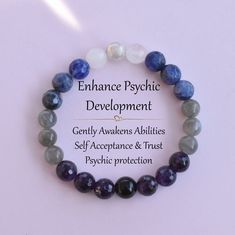 Awaken your third eye and develop your psychic abilities or gifts. This bracelet was designed to help you on your spiritual journey. I intuitively developed this bracelet after receiving a message to use Sodalite, Amethyst, Labradorite, Moonstone, Obsidian, and Hematite to help in your development. Sodalite enhances your intuition while opening the throat and third eye chakras. It helps dispel confusion and allows you to better interpret the messages received from higher realms. Sodalite also he Garnet Bead Bracelet, Hematite Jewelry, Amulet Bracelet, Chalcedony Bracelet, Power Bracelet, Healing Gemstone Bracelets, Reiki Jewelry, Psychic Development, Psychic Powers