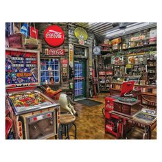 a room filled with lots of old fashioned machines and tables covered in coca cola memorabilia