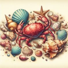 a crab surrounded by sea shells and starfish on a beige background with water droplets