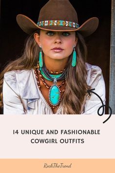 Woman wearing a stylish cowgirl outfit with turquoise jewelry and a brown hat. Rodeo Theme Outfits For Women, Cowboy Summer Aesthetic, Yellowstone Women Outfits, Outfits With Cowgirl Hats, Punchy Cowgirl Outfits, How To Dress Like A Cowgirl, Cowgirl Rodeo Outfits, Cowgirl Style Outfits Rodeo, Cowgirl Style Outfits Party