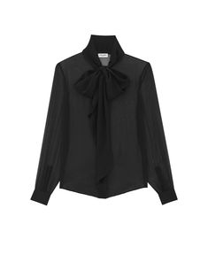 This gathered blouse by Saint Laurent is made with organic silk, featuring a henley collar with a high lavallière tie. Saint Laurent Shirt, Black Fr, Sheer Shirt, Women Shirts Blouse, Silk Crepe, Sheer Blouse, Neck Shirt, Black Blouse, Black Shirt