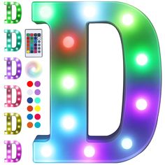 the letter d is lit up with lights and remotes to match it's color scheme