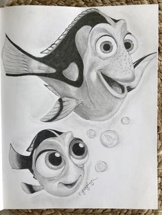 pencil drawing of two cartoon characters from the disney movie finding nemo