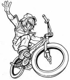 a drawing of a boy riding a bike with his arms in the air and one hand out