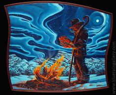 a painting of a man standing next to a campfire